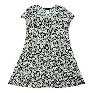 MSK Black Daisy Print Swing Dress Size L Cottagecore floral Y2K flowy Casual